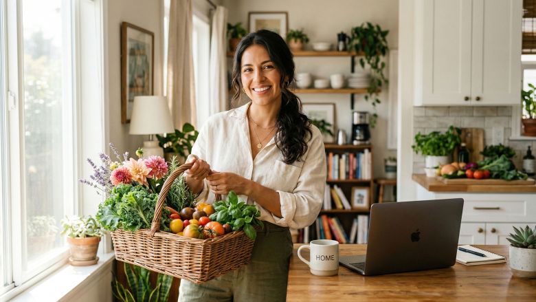 Una mujer moderna equilibrando familia y hogar en un entorno sereno, representando el cambio de estilo de vida en 2026.