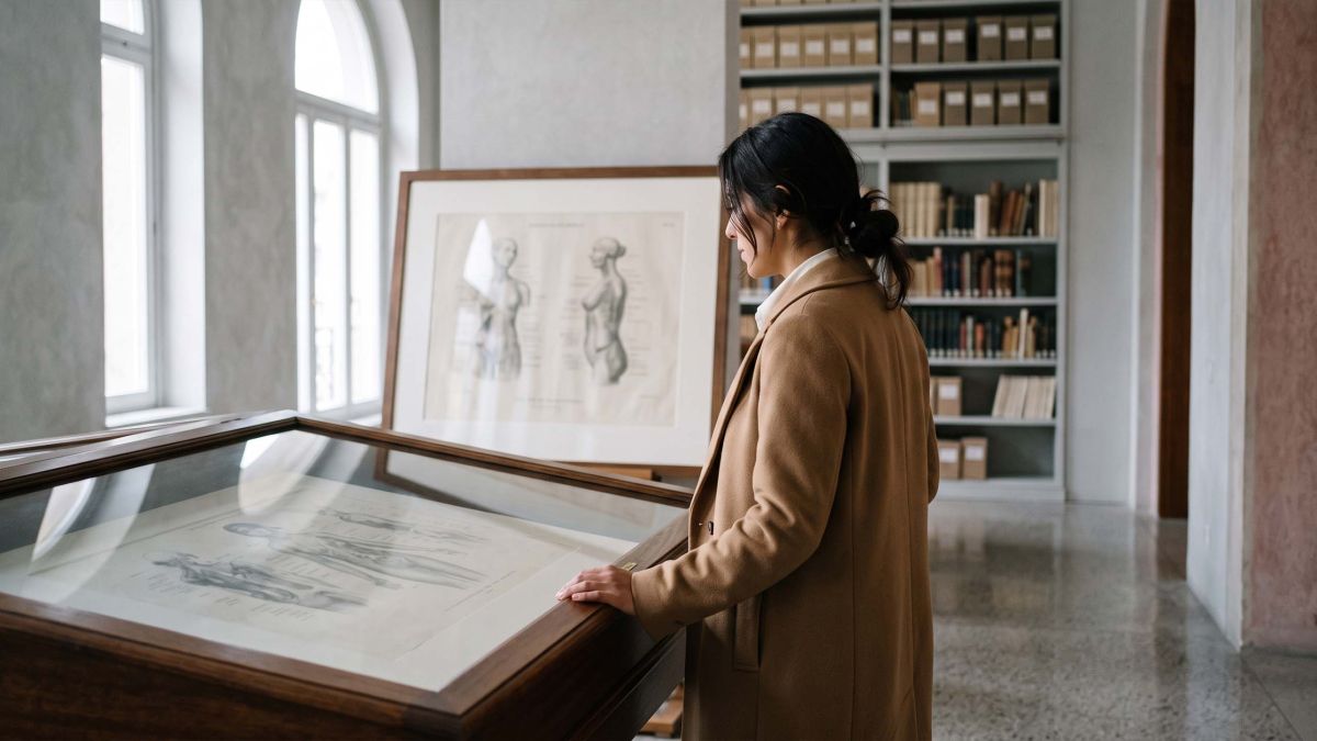 Mujer con abrigo color camel observando un grabado anatómico del siglo XIX enmarcado en un archivo museístico, que ilustra la historia de cómo se representaba la anatomía femenina