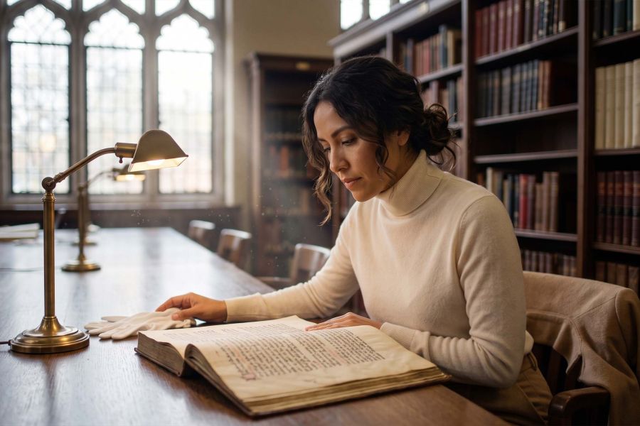 Mujer con cachemira color crema estudiando un antiguo folio anatómico en una biblioteca de libros raros iluminada por el sol mientras investiga la historia de la anatomía femenina