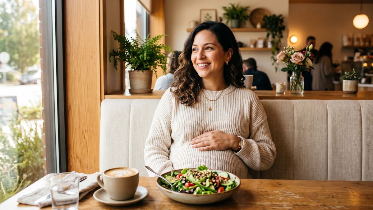 Mujer embarazada sonriendo en un café iluminado por el sol con una ensalada fresca, la legendaria ensalada de Caioti asociada con inducir el parto
