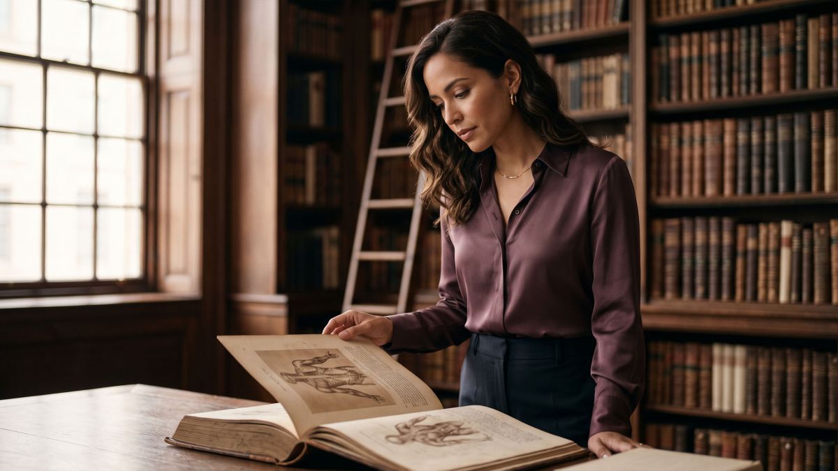 Elegante mujer examinando un catálogo médico del siglo XIX en un archivo iluminado por el sol, ilustrando la historia documentada del tratamiento victoriano de la histeria.