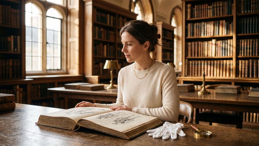 Mujer estudiando un folio anatómico del siglo XIX en una biblioteca médica histórica iluminada por el sol mientras investiga la historia de la anatomía femenina.