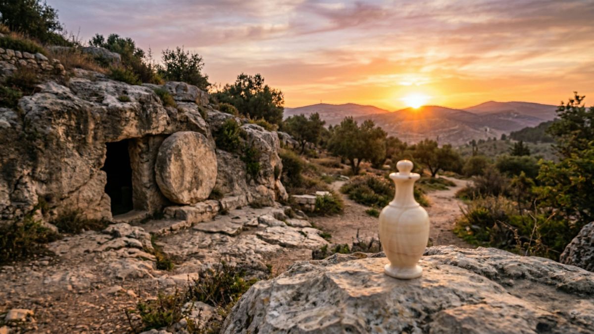 Amanecer sobre una tumba antigua de piedra vacía, con un frasco de alabastro en primer plano, que simboliza el testimonio de María Magdalena.