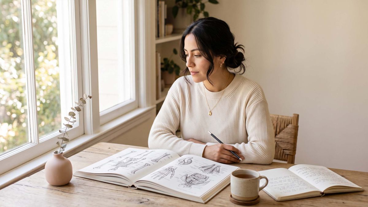 Mujer con un suéter de punto color crema estudiando un atlas de anatomía ilustrado en un escritorio iluminado por el sol mientras aprende sobre la anatomía genital femenina