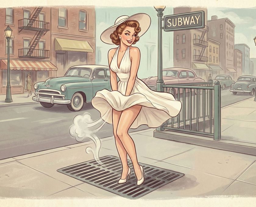Ilustración artística de una hermosa mujer en un vestido vintage blanco de cuello halter de pie sobre una rejilla de metro