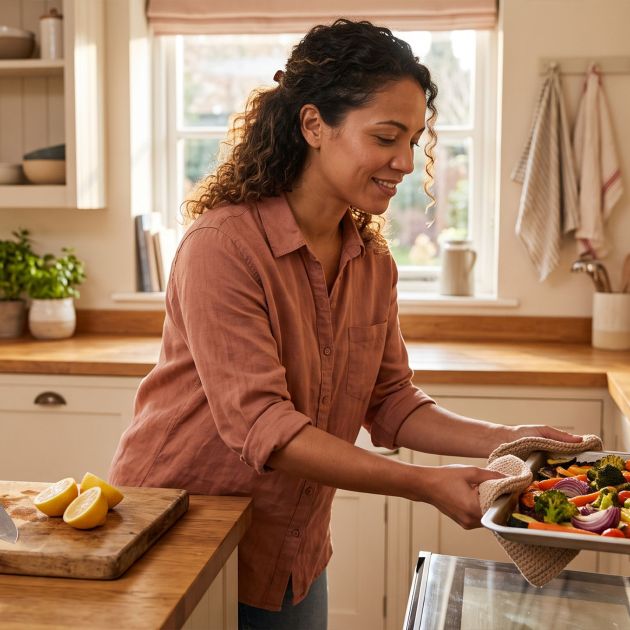 Mujer en una cocina iluminada por el sol sacando una bandeja de verduras asadas del horno mientras aprende a cocinar en casa.