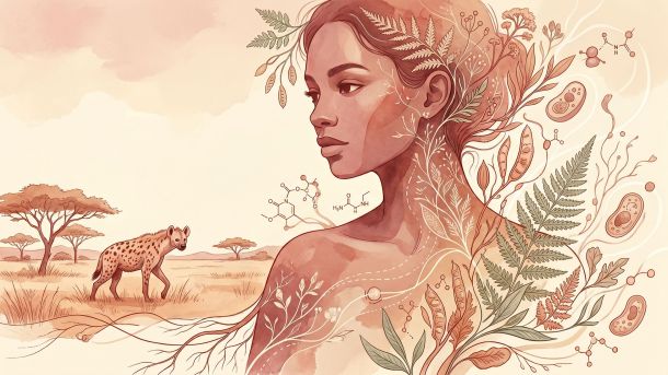 Ilustración editorial suave de una mujer de perfil rodeada de elementos botánicos y discretas superposiciones de diagramas científicos que representan hormonas y biología