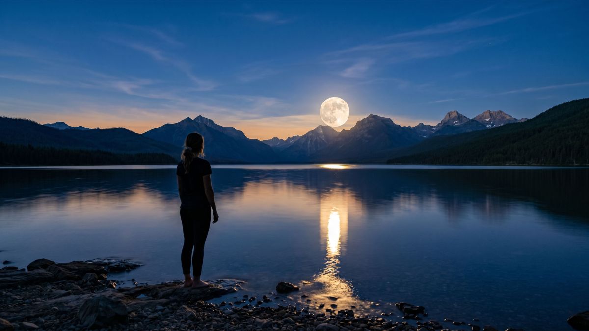 Luna llena sobre un océano en calma al anochecer, con la silueta de una mujer mirando al cielo desde la orilla — simbolizando la conexión ancestral entre ciclos