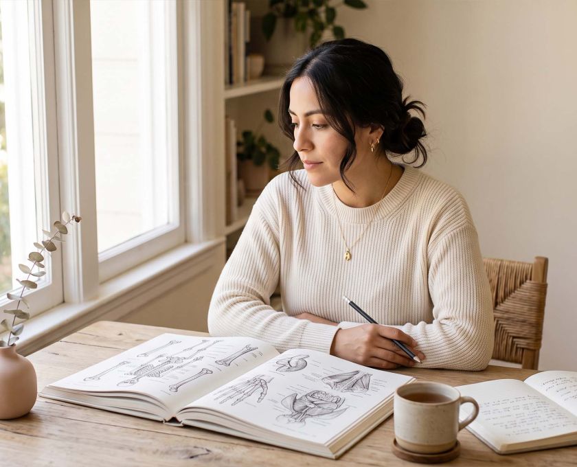 Mujer con un suéter de punto color crema estudiando un atlas de anatomía ilustrado en un escritorio iluminado por el sol mientras aprende sobre la anatomía genital femenina