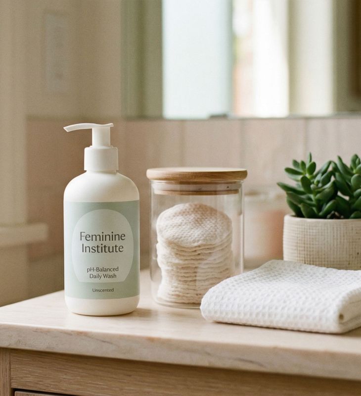 Escena suave de baño femenino con productos naturales de cuidado que representan una rutina de higiene íntima femenina consciente
