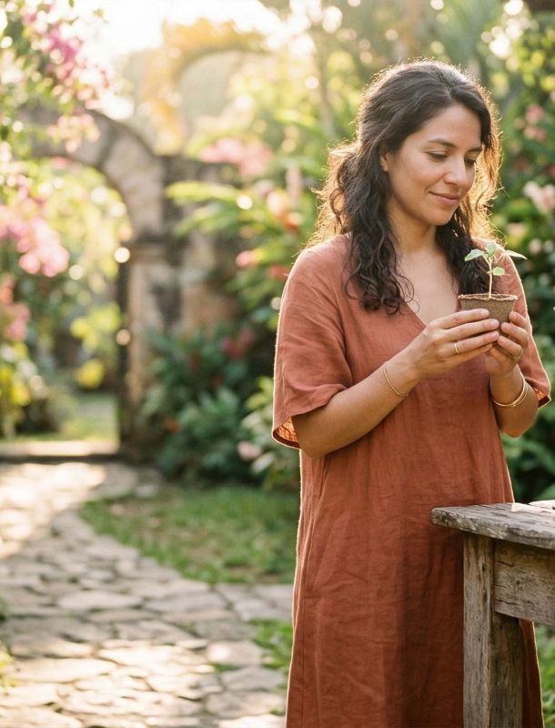 Una mujer moderna reflexiona sobre las estaciones naturales de la vida y la fertilidad.