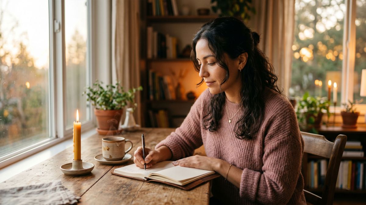 Mujer sentada en una mesa tranquila escribiendo en un diario a la luz de las velas, reflexionando sobre cómo reconstruir la confianza en su relación