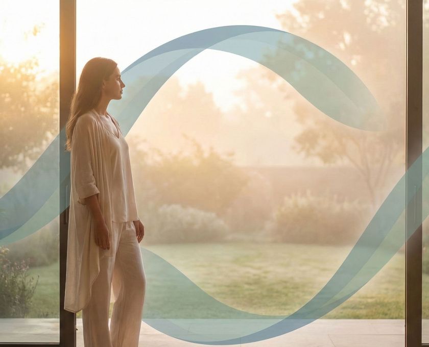 Una mujer reflexionando en luz suave, simbolizando el equilibrio hormonal y la energía.