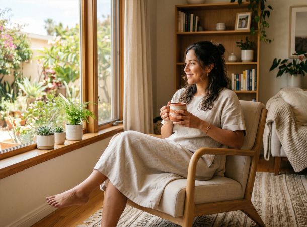 Una mujer tranquila disfrutando de un momento de calma en un hogar limpio y luminoso.