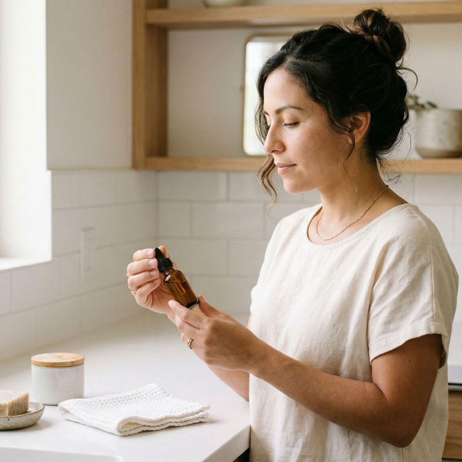 Mujer revisando productos de higiene en un baño limpio, representando el cuidado basado en el microbioma