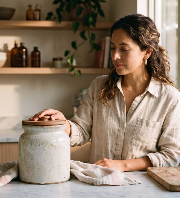 Mujer vestida de lino en una encimera de cocina iluminada por el sol con una vasija de fermentación, ilustrando las bacterias del ácido láctico detrás del microbioma vaginal