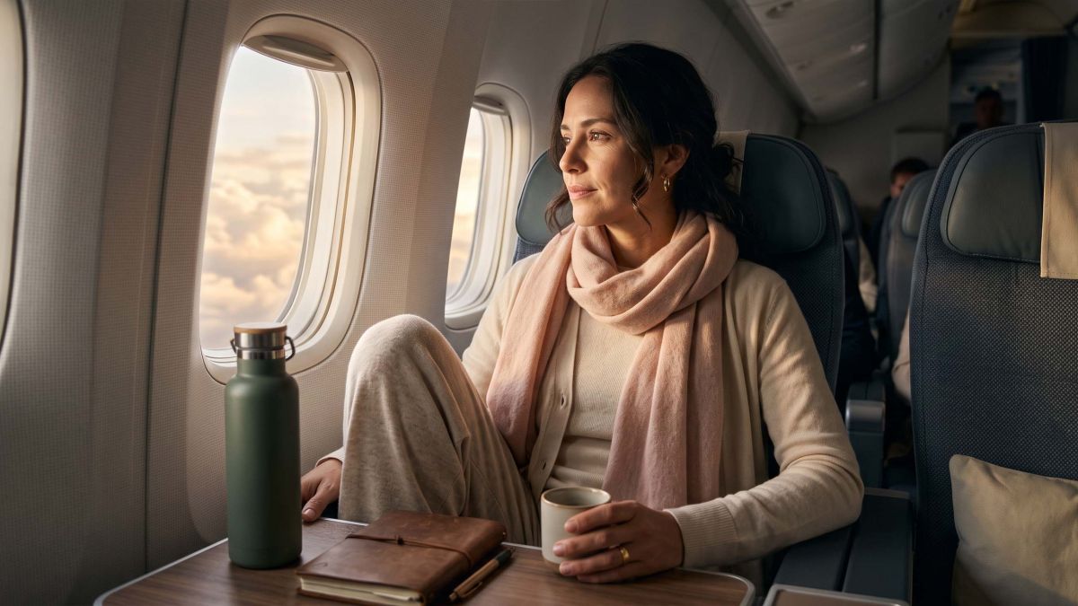 Mujer con suaves capas de algodón y lana merino descansando cómodamente en un asiento junto a la ventana de un avión durante un vuelo largo