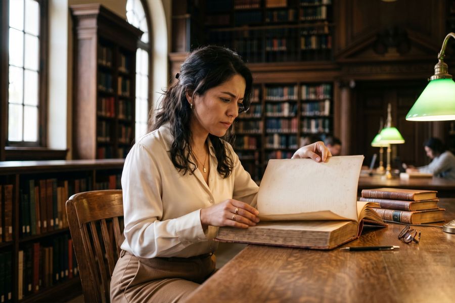Mujer investigando la historia de la anatomía femenina en antiguos libros médicos en una mesa iluminada de una biblioteca de archivo