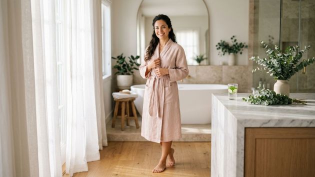 Mujer serena con una bata color rosa suave bajo una luz brillante de la mañana, representando el equilibrio natural del pH vaginal y el bienestar íntimo cotidiano