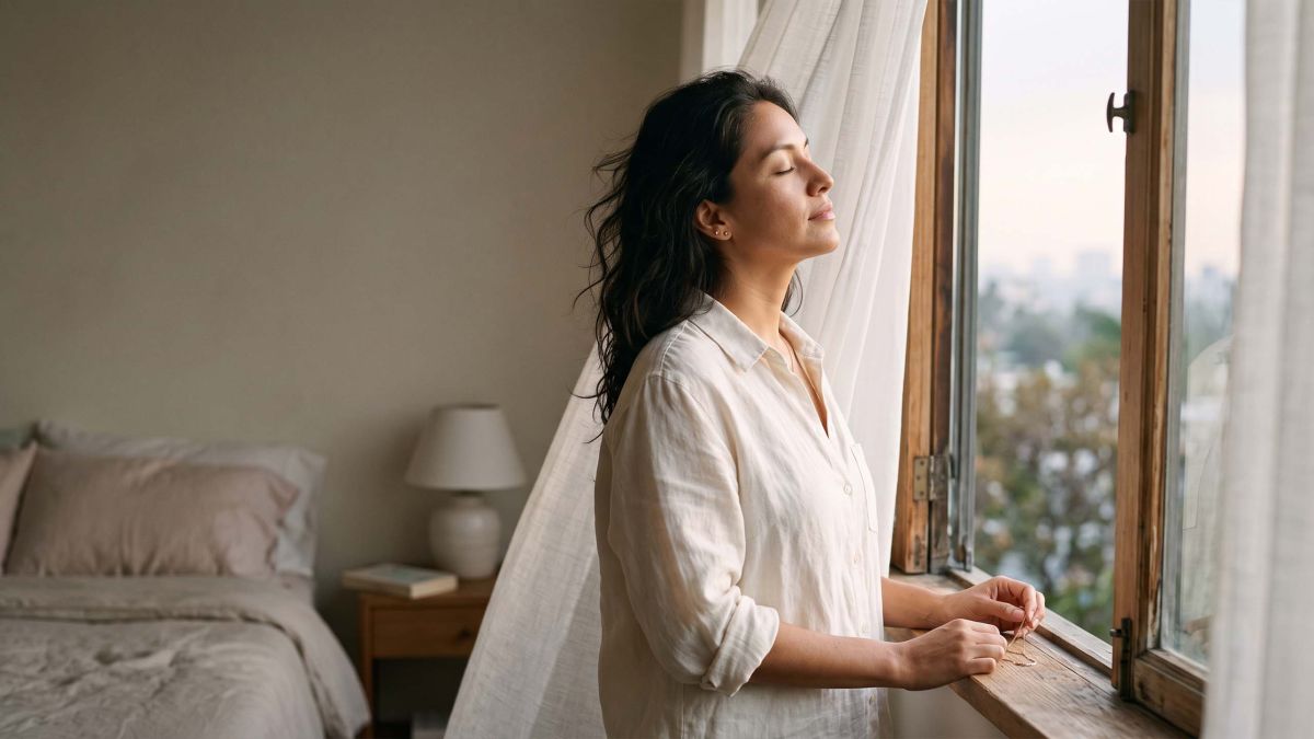 Mujer con lino color marfil junto a una ventana abierta bajo una suave luz matutina, ilustrando la ciencia natural del olor corporal femenino