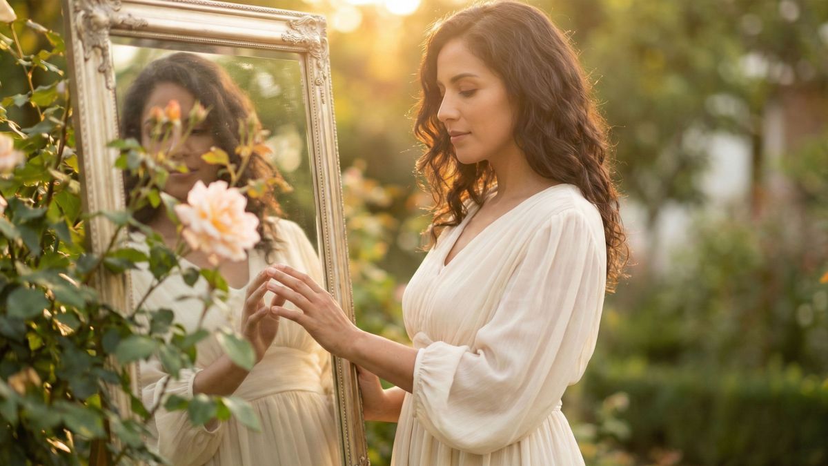 Una mujer en luz suave reflexionando sobre su camino hacia la confianza corporal y el amor propio.