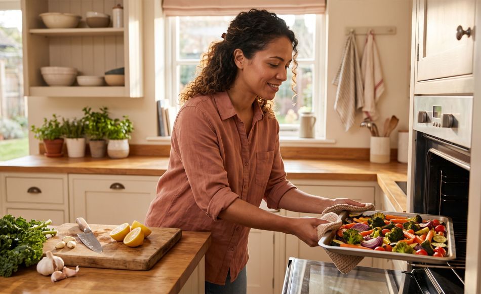 Mujer en una cocina iluminada por el sol sacando una bandeja de verduras asadas del horno mientras aprende a cocinar en casa.