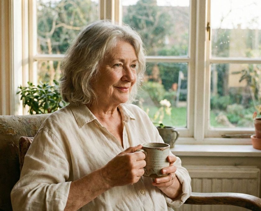 Una mujer elegante de finales de los 50 años sentada junto a una ventana soleada, sosteniendo una taza de cerámica.