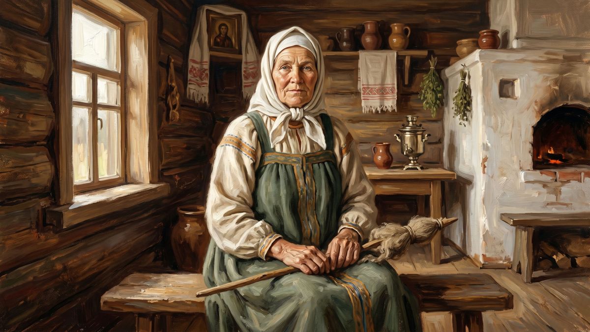 Ilustración estilo retrato histórico de una campesina rusa digna del siglo XVIII con vestimenta tradicional, sentada en un interior de madera cálido con luz suave de ventana — representando a la madre anónima de 69 hijos