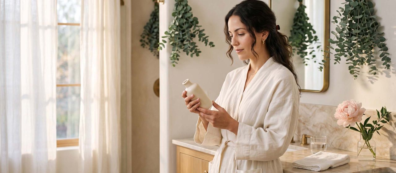 Mujer con una bata color marfil leyendo atentamente la etiqueta de un producto de cuidado íntimo sin fragancias en un baño iluminado por la luz natural.
