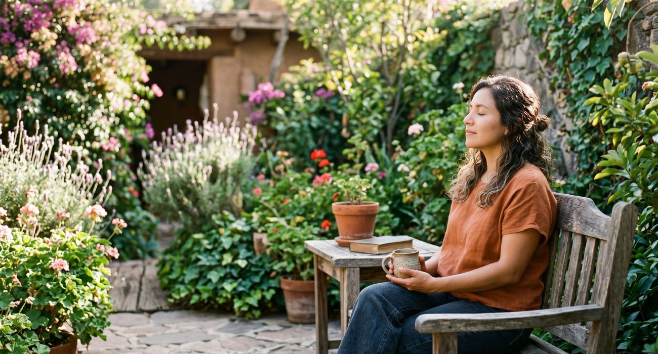Mujer sentada tranquilamente al aire libre con suave luz de la mañana y ojos cerrados, representando equilibrio emocional y calma