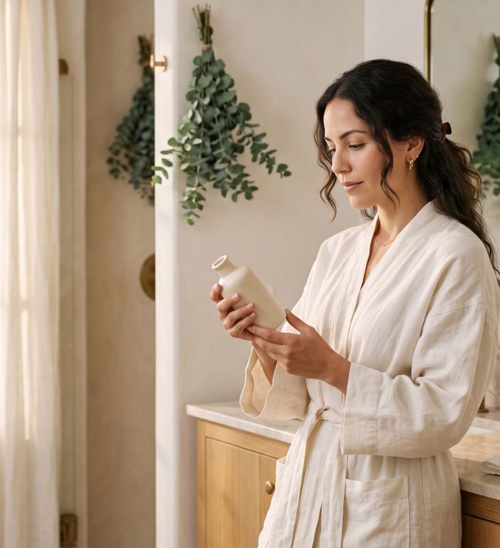 Mujer con una bata color marfil leyendo atentamente la etiqueta de un producto de cuidado íntimo sin fragancias en un baño iluminado por la luz natural.