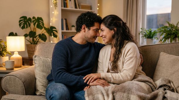 Una pareja compartiendo un momento de conexión tranquila y comprensión mutua después de una conversación productiva.