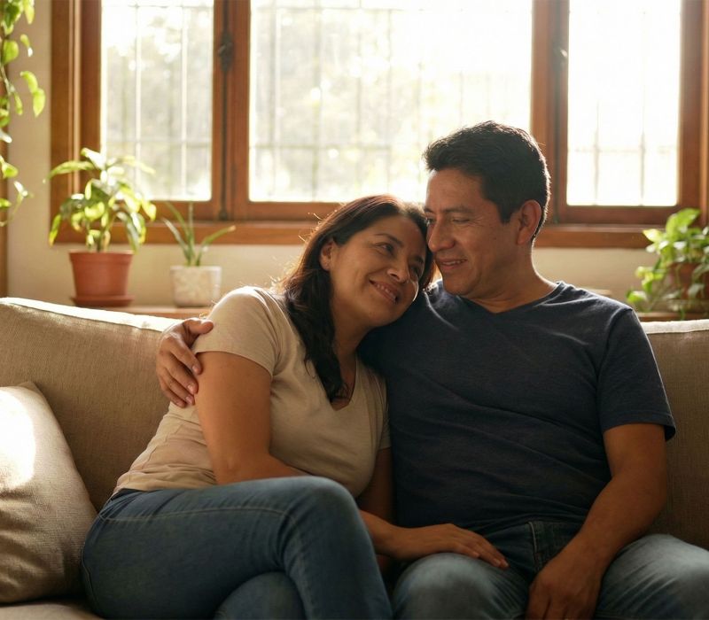 Un esposo y su esposa sentados juntos, representando un vínculo matrimonial seguro y estable.