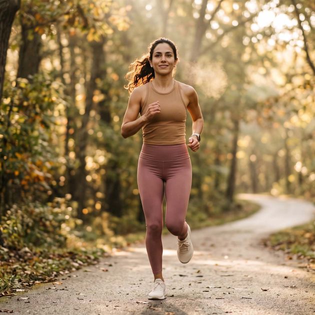 Mujer corriendo durante la hora dorada, ilustrando cómo el cuerpo femenino quema energía de forma diferente al de los hombres