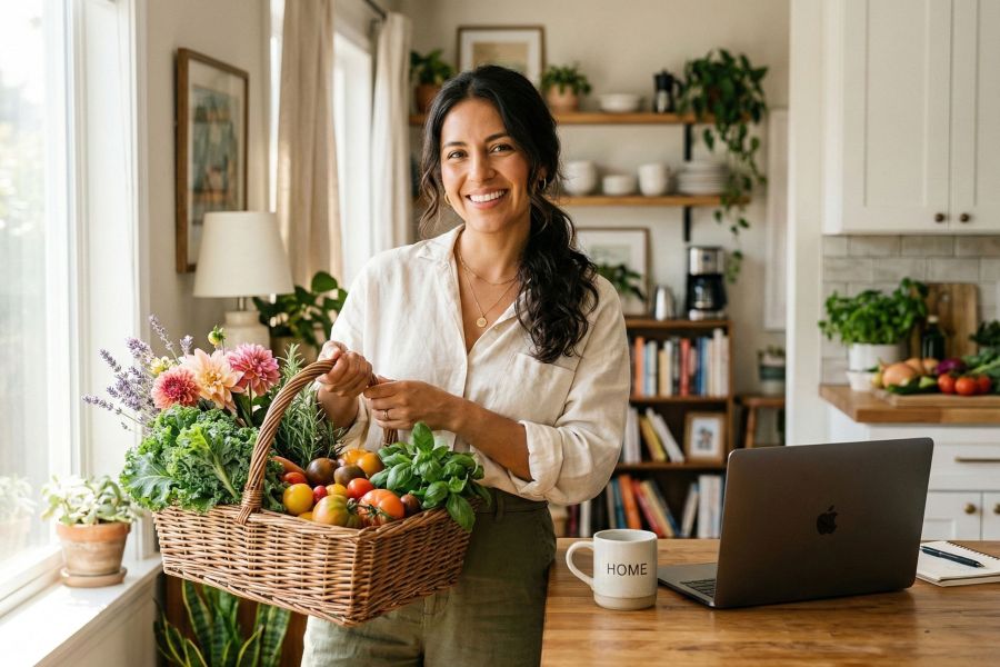 Una mujer moderna equilibrando familia y hogar en un entorno sereno, representando el cambio de estilo de vida en 2026.