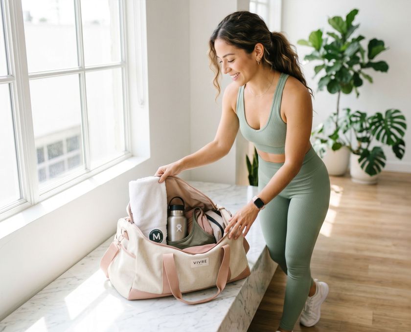 Mujer con ropa deportiva clara dejando una bolsa de gimnasio tras entrenar, luz natural