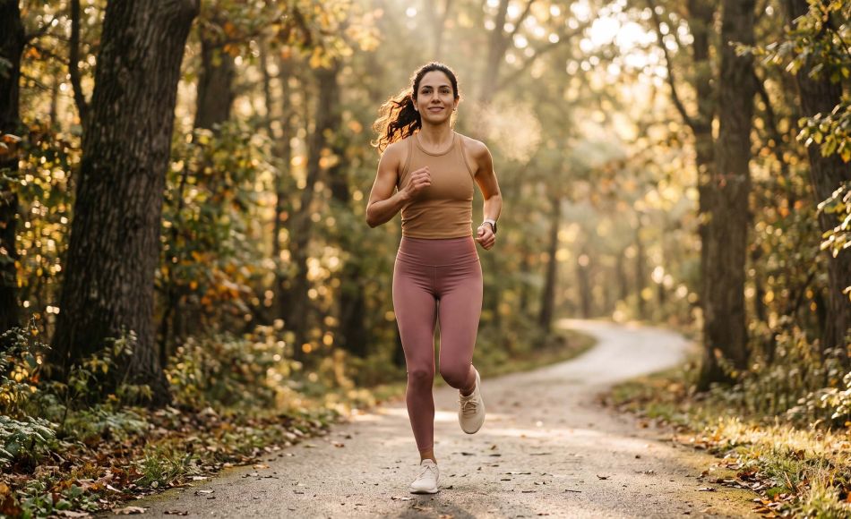 Mujer corriendo durante la hora dorada, ilustrando cómo el cuerpo femenino quema energía de forma diferente al de los hombres