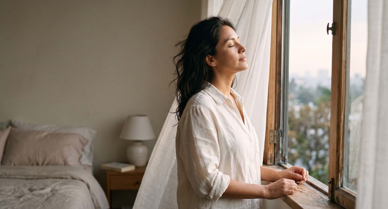 Mujer con lino color marfil junto a una ventana abierta bajo una suave luz matutina, ilustrando la ciencia natural del olor corporal femenino