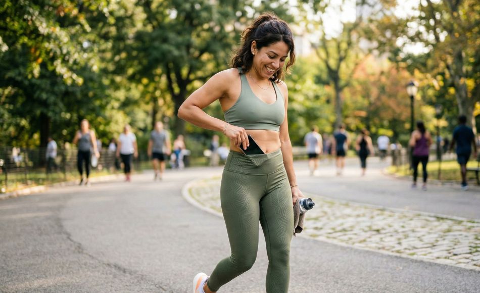 Una mujer con leggings verde salvia guarda su smartphone en la cintura mientras camina.