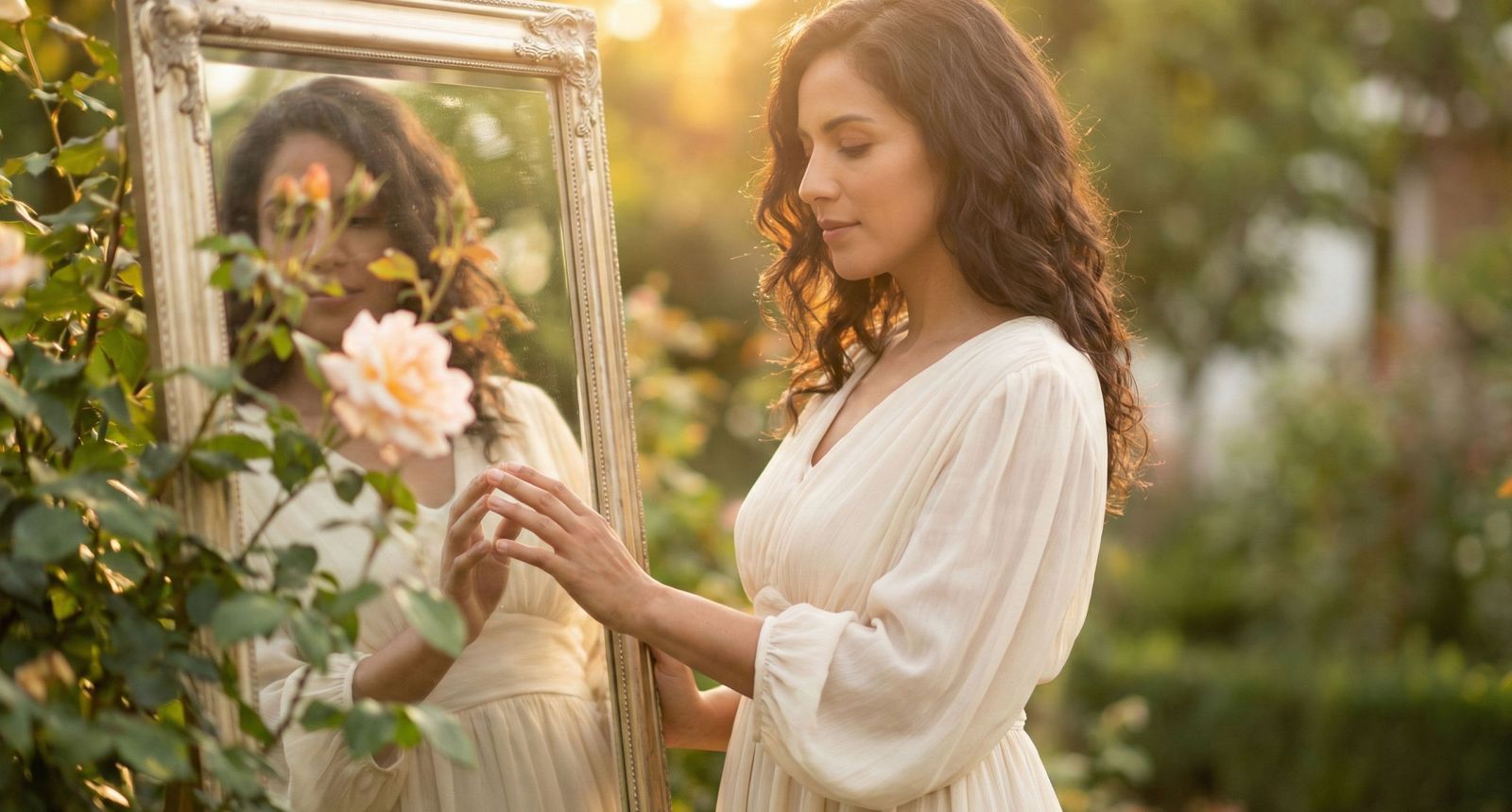 Una mujer en luz suave reflexionando sobre su camino hacia la confianza corporal y el amor propio.