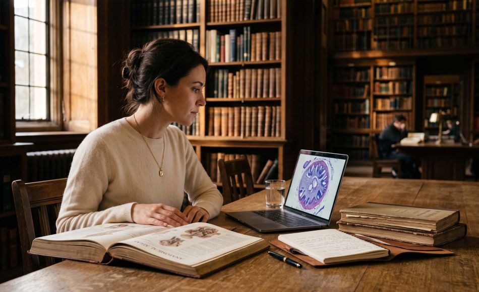 Mujer investigando el estudio de 2023 sobre el conteo de nervios del clítoris en una biblioteca médica, con un atlas anatómico y tejido nervioso teñido en pantalla