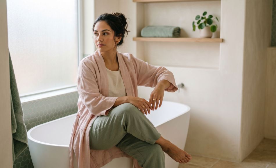 Mujer sentada en un baño iluminado por el sol, reflexionando — normalizando la conciencia corporal y las rutinas de higiene diaria