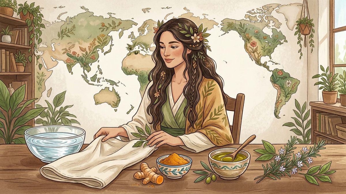 Flat lay minimalista con elementos de bienestar global: cúrcuma, aceite de oliva, hierbas y agua clara que representan tradiciones de higiene íntima.