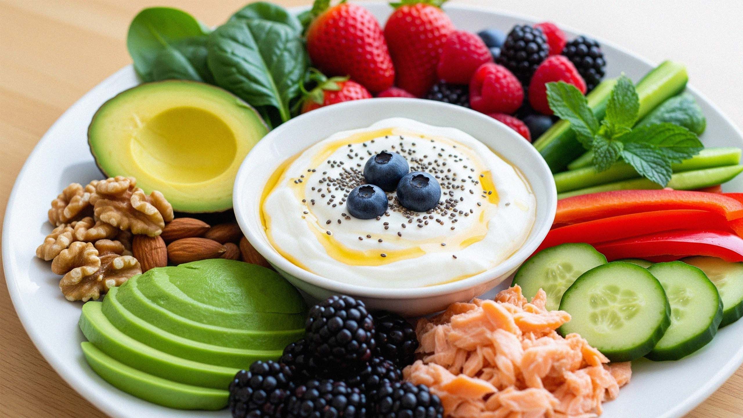 Assortiment d'aliments nutritifs soutenant la santé vaginale et l'équilibre du microbiome