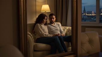Homme et femme se regardant dans un miroir symbolisant l’image corporelle et la connexion émotionnelle