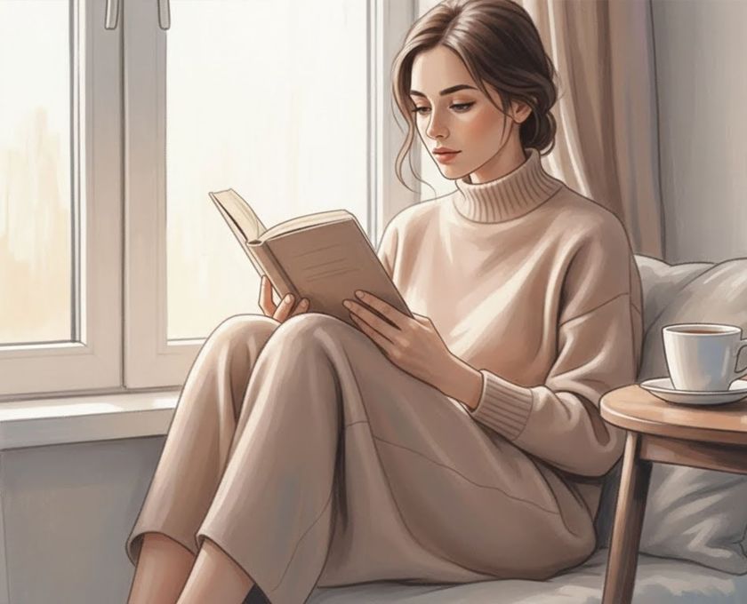 Femme lisant avec une tasse près d’une fenêtre — moment d’apprentissage au calme