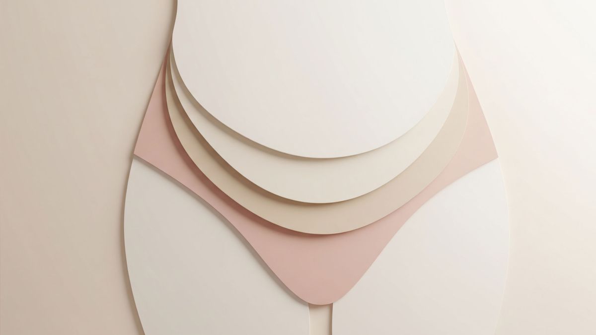 Image abstraite avec des formes douces et superposées représentant le soin délicat pour la peau sensible de la vulve.