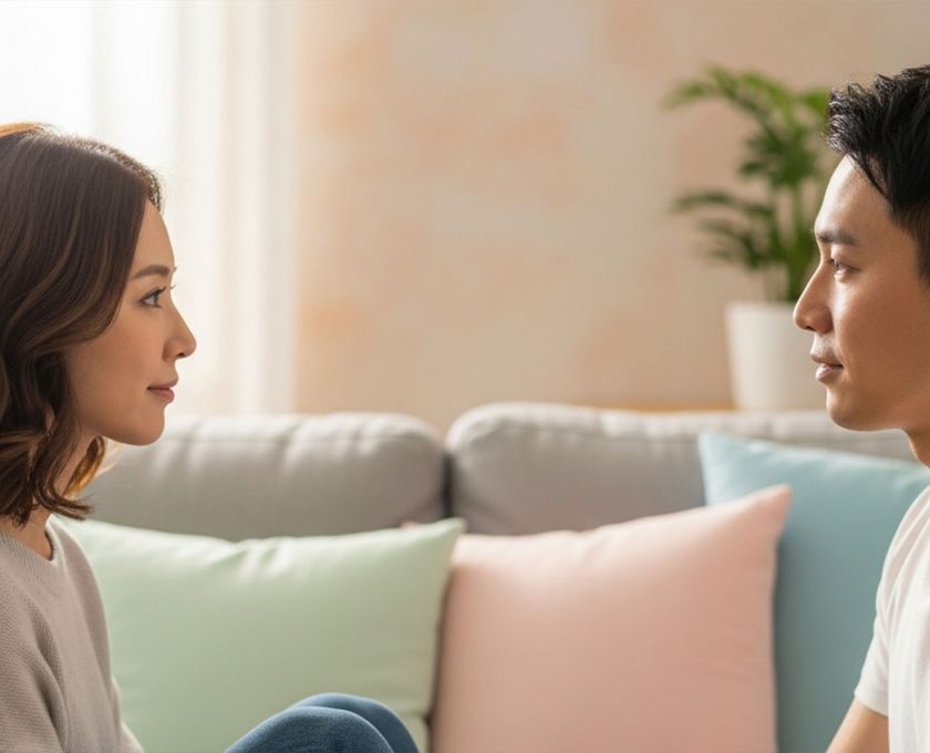 Femme discutant calmement du consentement et de ses limites sexuelles avec son partenaire assis sur le lit