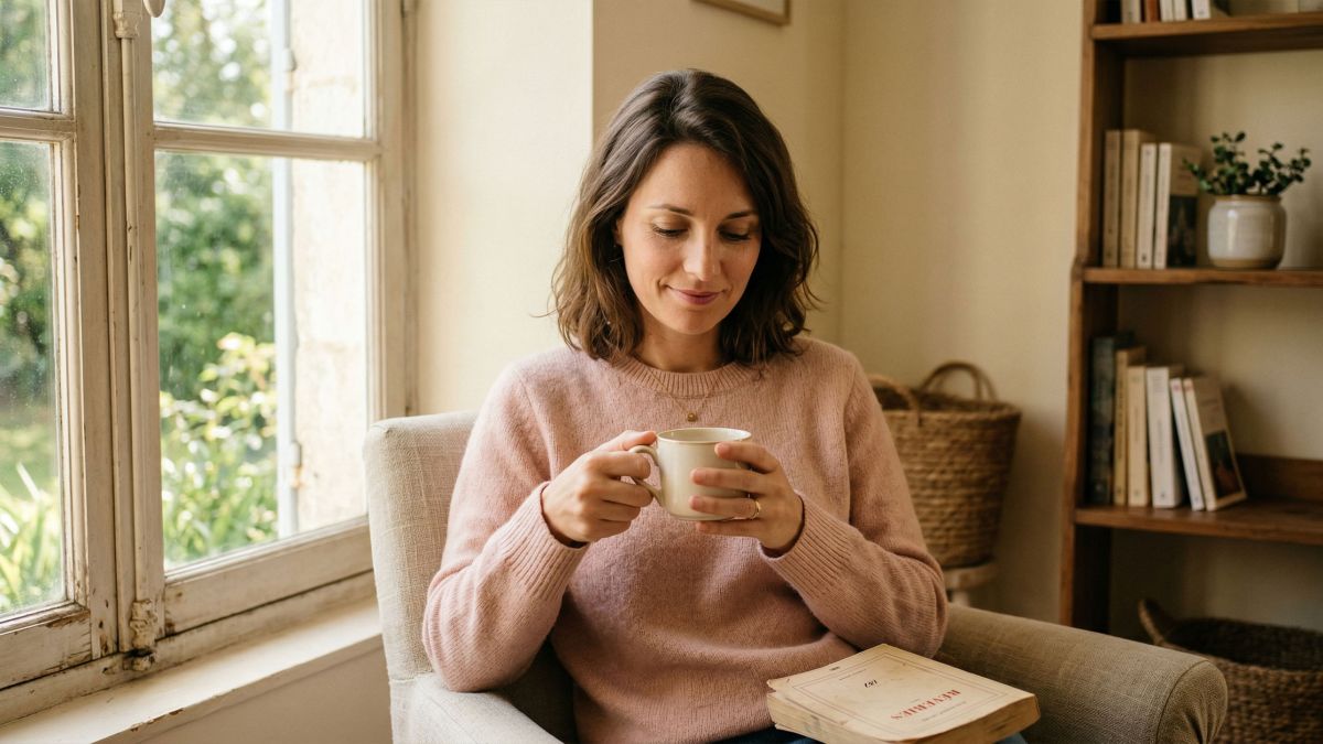 Une femme calme et confiante dans une lumière naturelle douce, représentant la conscience de son corps et la connaissance de soi