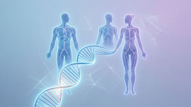 Illustration médicale 3D minimaliste représentant le développement biologique partagé des organes sensoriels humains.